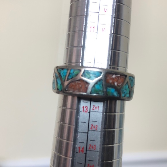 Southwest Native Sterling Silver Crushed Turquoise Coral Mosaic Ring Sz 12-1/2 - Picture 14 of 17